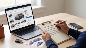 Buyer reviewing a vehicle checklist, laptop listing, and purchase information before choosing a U.S. car exporter