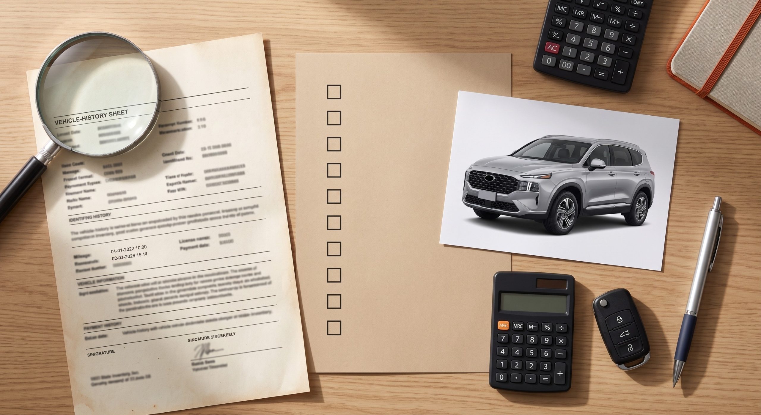 Vehicle photo, verification document, magnifying glass, calculator, key fob, and ten-item checklist on a desk