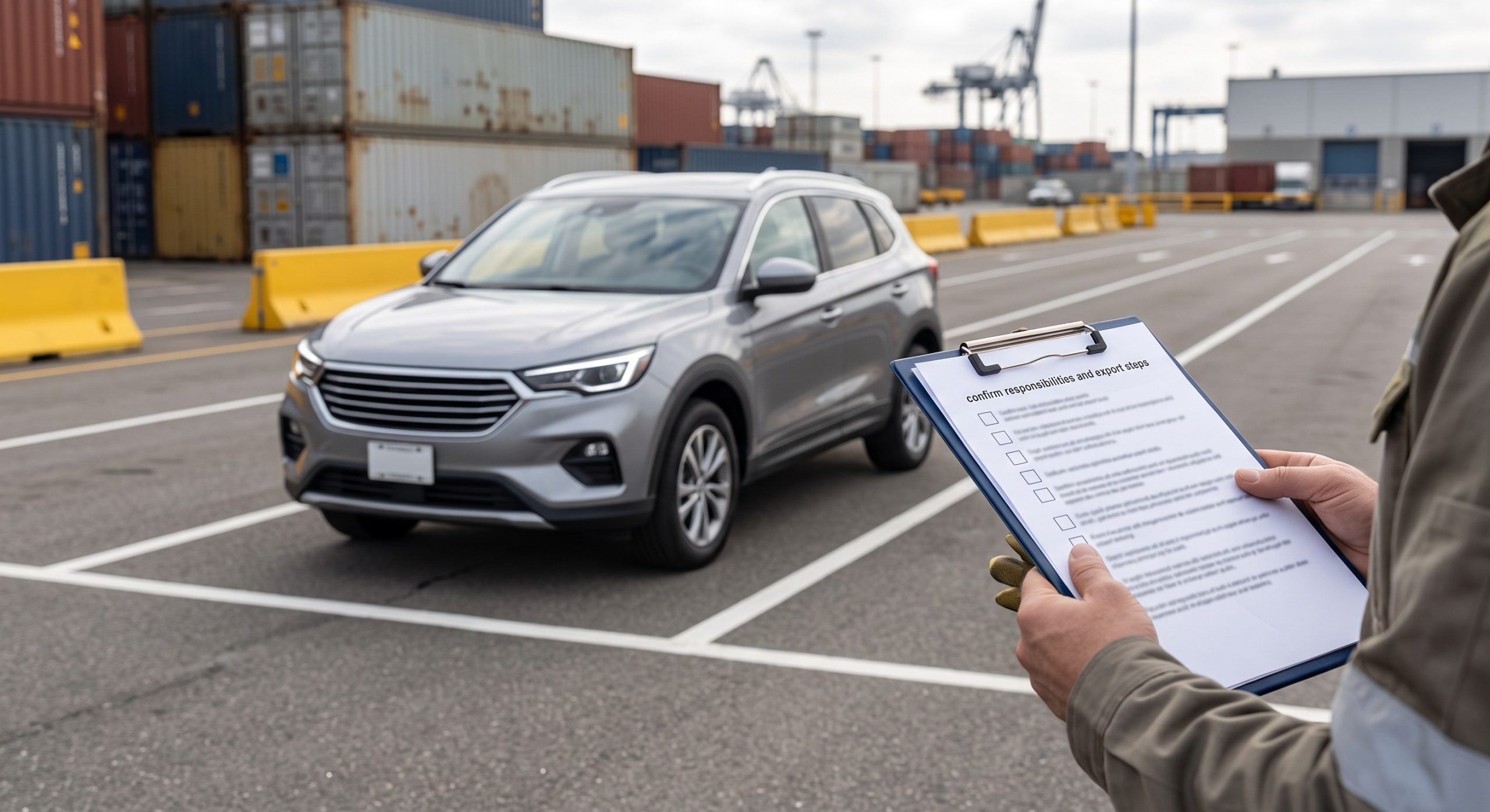 Checklist in the foreground with a generic vehicle waiting in a U.S. logistics area