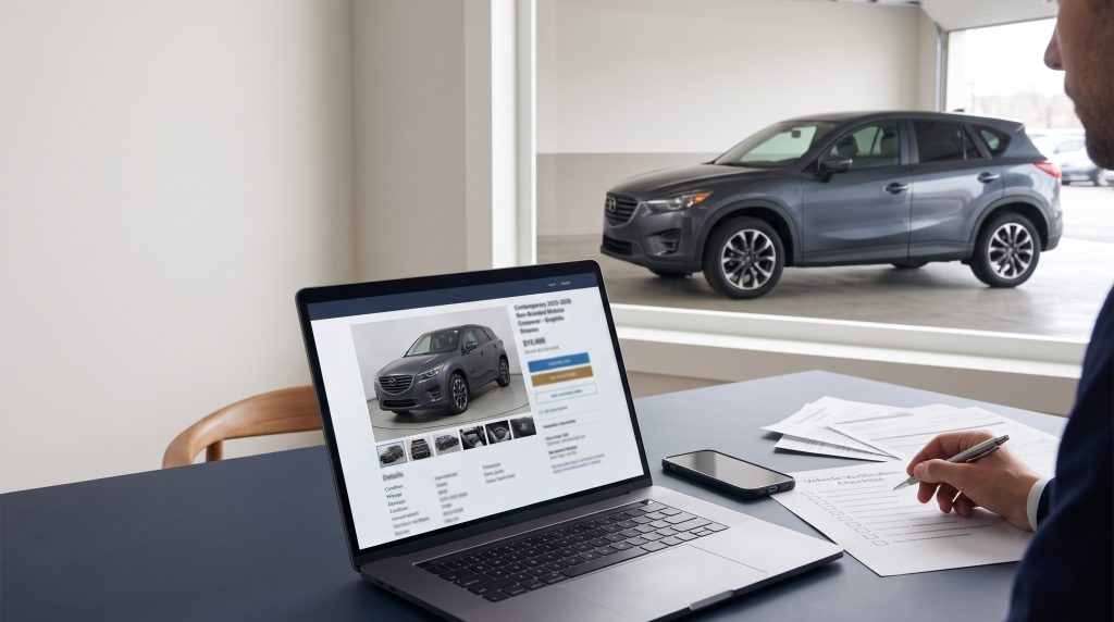 Buyer cross-checking an online vehicle listing, paperwork, and the matching car before purchase
