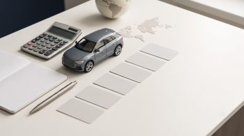 Miniature car beside a calculator and budgeting materials for an international U.S. vehicle purchase