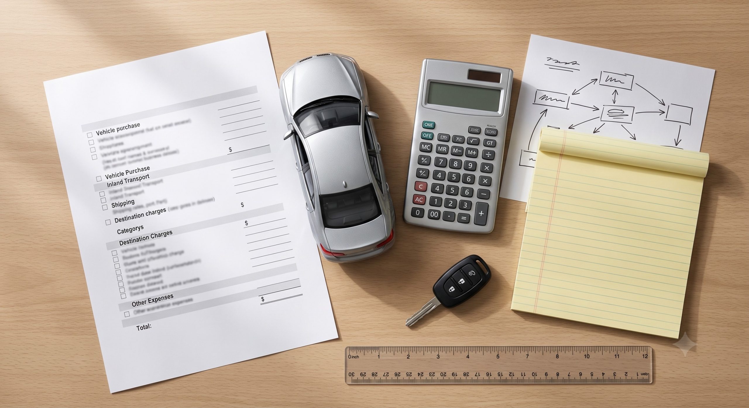 Model car, calculator, key, and blank cost worksheet arranged for planning a vehicle import budget.