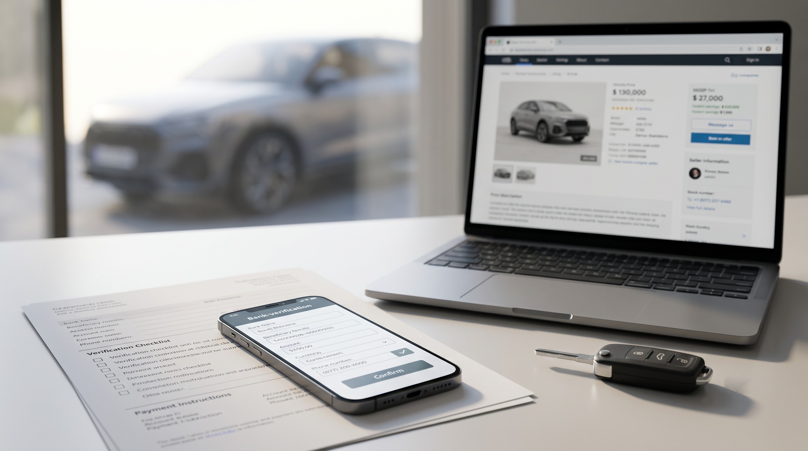 Phone, laptop, paperwork, and car key arranged for payment verification before a vehicle purchase