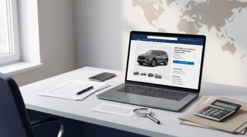Laptop, checklist, phone, and pen arranged to prepare details for a car sourcing request