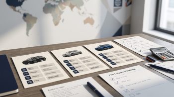 Three vehicle comparison cards and a checklist arranged on a desk for evaluating used cars before export