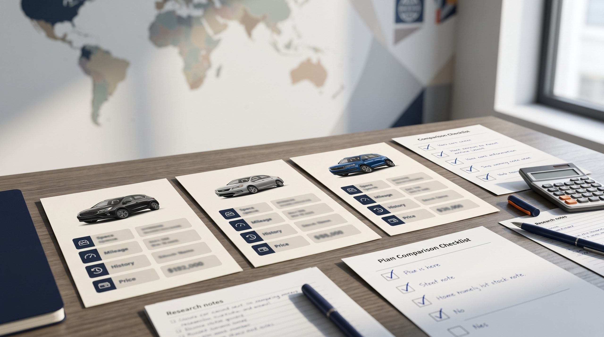 Three vehicle comparison cards and a checklist arranged on a desk for evaluating used cars before export