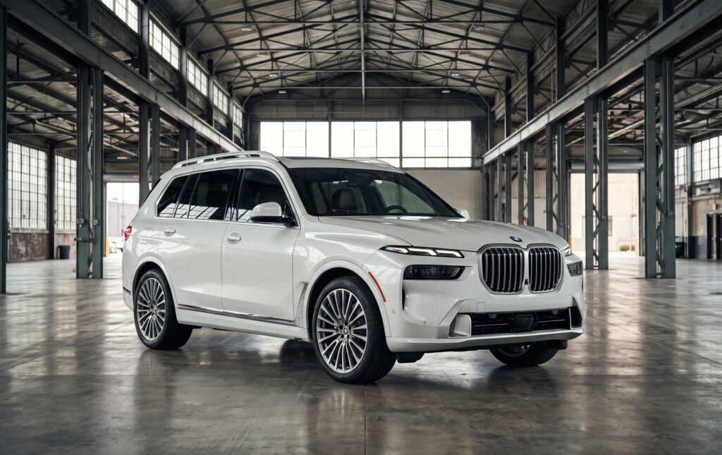 White BMW X7 xDrive40i luxury SUV inside a modern warehouse facility featured for global export / import BMW from USA services