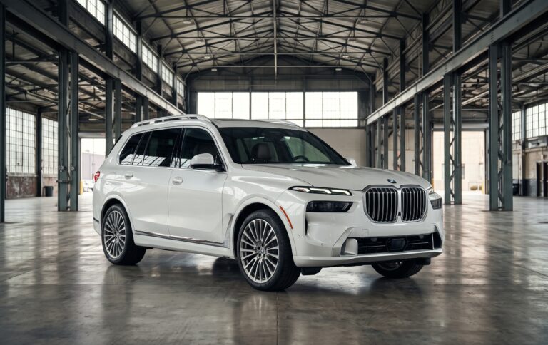 White BMW X7 xDrive40i luxury SUV inside a modern warehouse facility featured for global export / import BMW from USA services