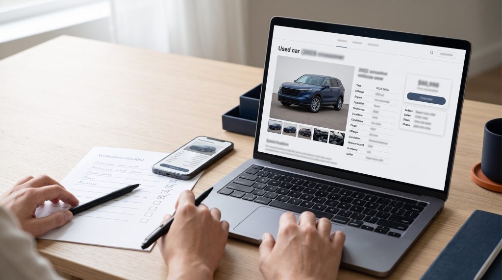 Buyer reviewing a generic U.S. used car listing and verification checklist on a laptop