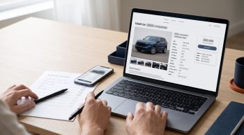 Buyer reviewing a generic U.S. used car listing and verification checklist on a laptop