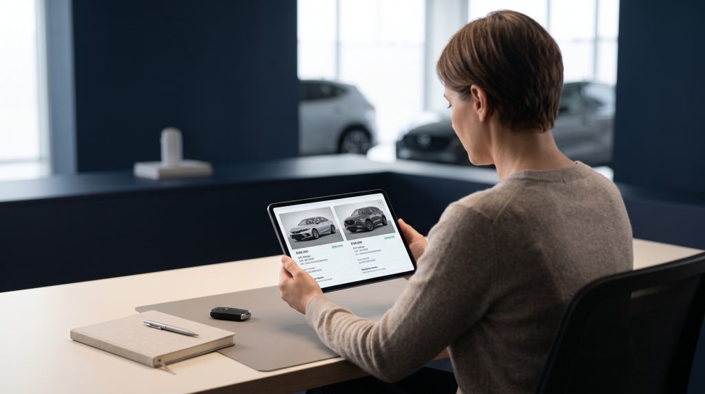 Buyer reviewing two vehicle options on a tablet at a clean automotive research workspace