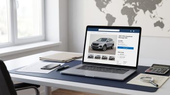 Laptop with a U.S. vehicle listing beside a checklist and verification materials for an international car purchase