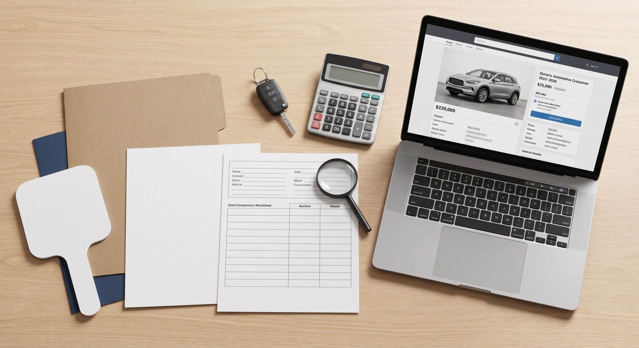 Car key, calculator, vehicle checklist, documents, and laptop arranged for pre-purchase research