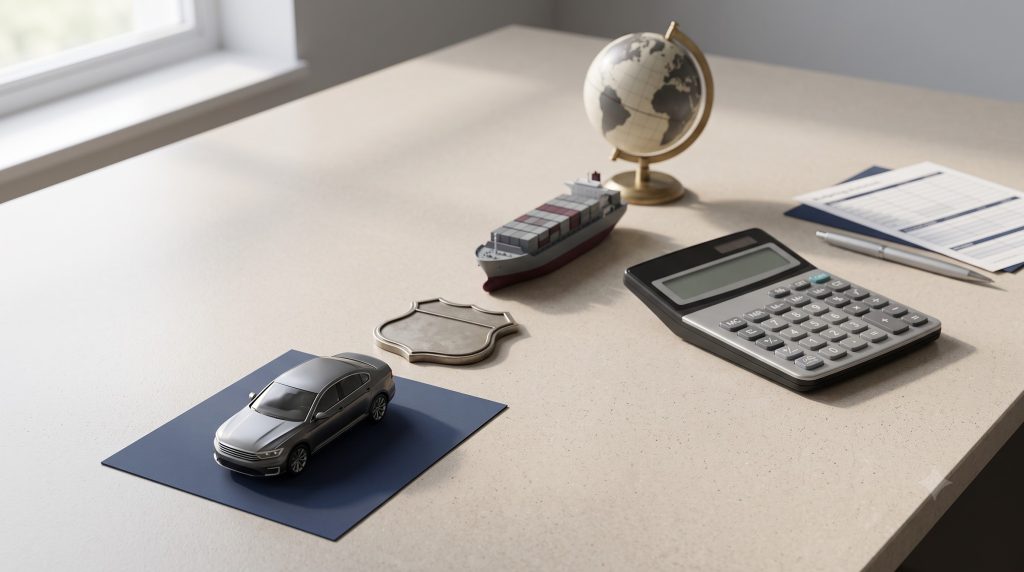 Calculator with miniature car, cargo ship, road marker, and globe representing international vehicle costs