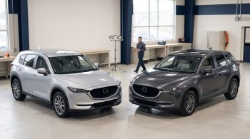 New and well-maintained used cars positioned side by side in a neutral vehicle inspection setting