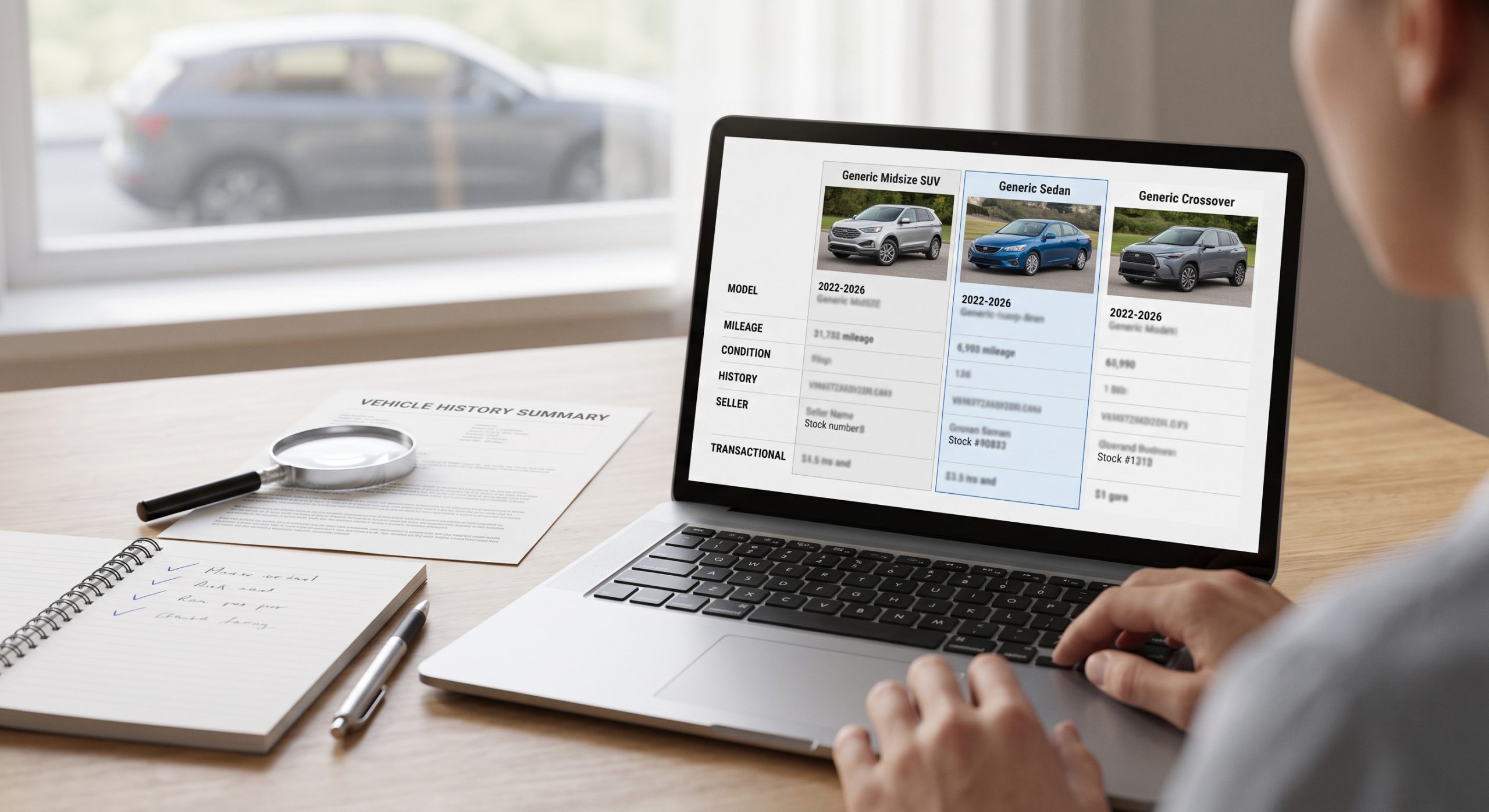 Buyer reviewing three used vehicle candidates on a laptop and marking a shortlist in a notebook