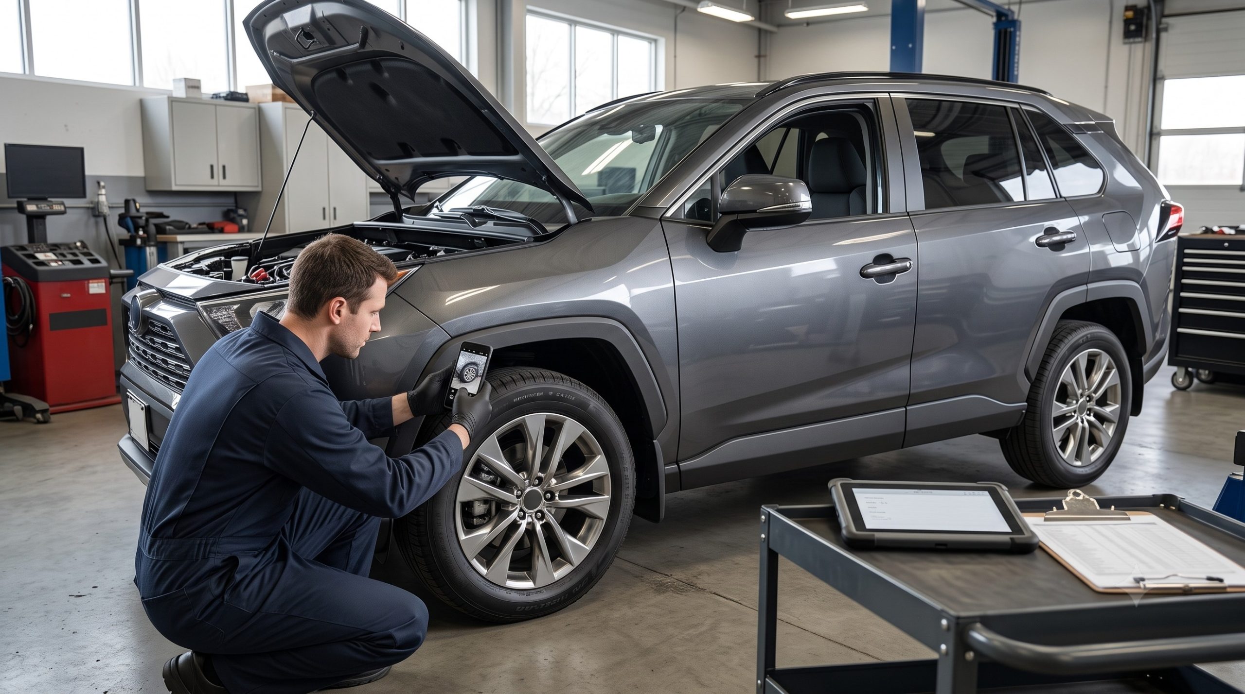 Vehicle inspector photographing a used car's wheel and body condition for a remote buyer