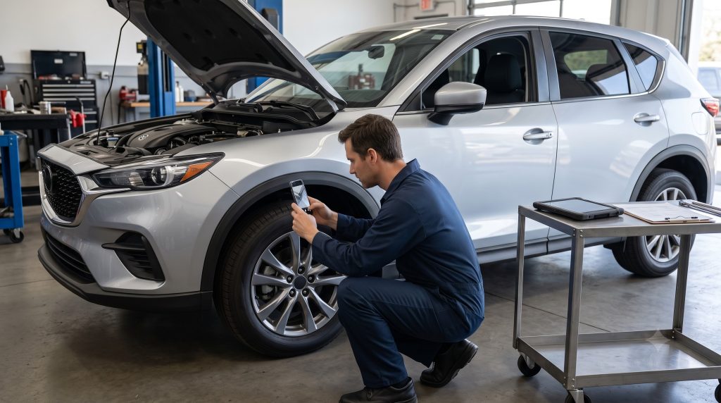 Laptop and smartphone used to cross-check a U.S. vehicle listing and history remotely