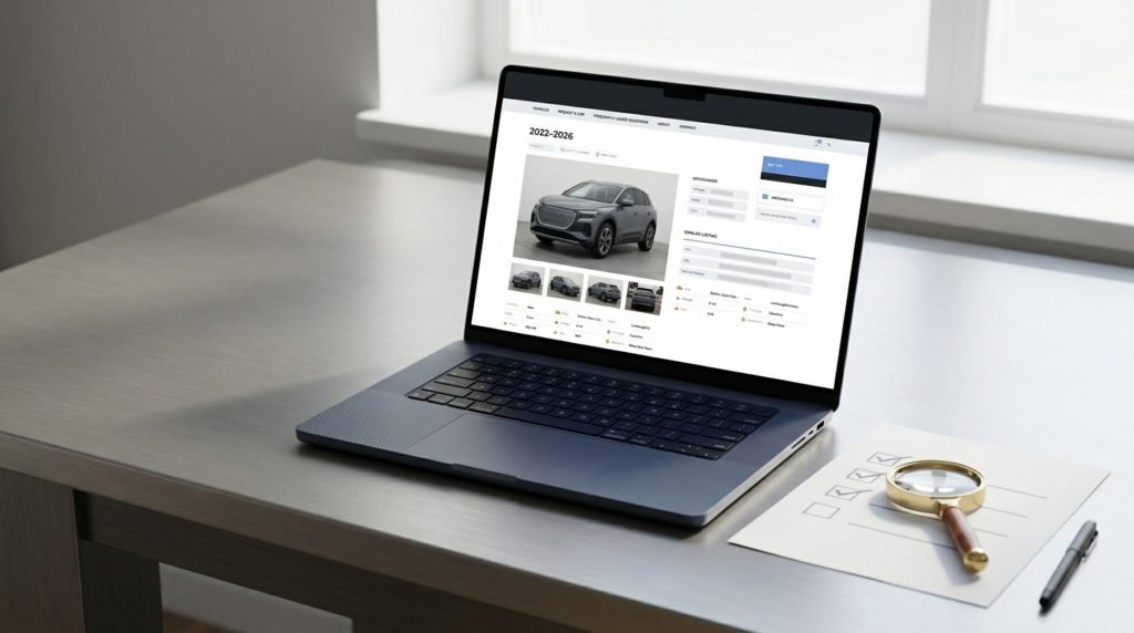 Laptop showing an anonymized U.S. vehicle listing beside a checklist for verifying vehicle details.