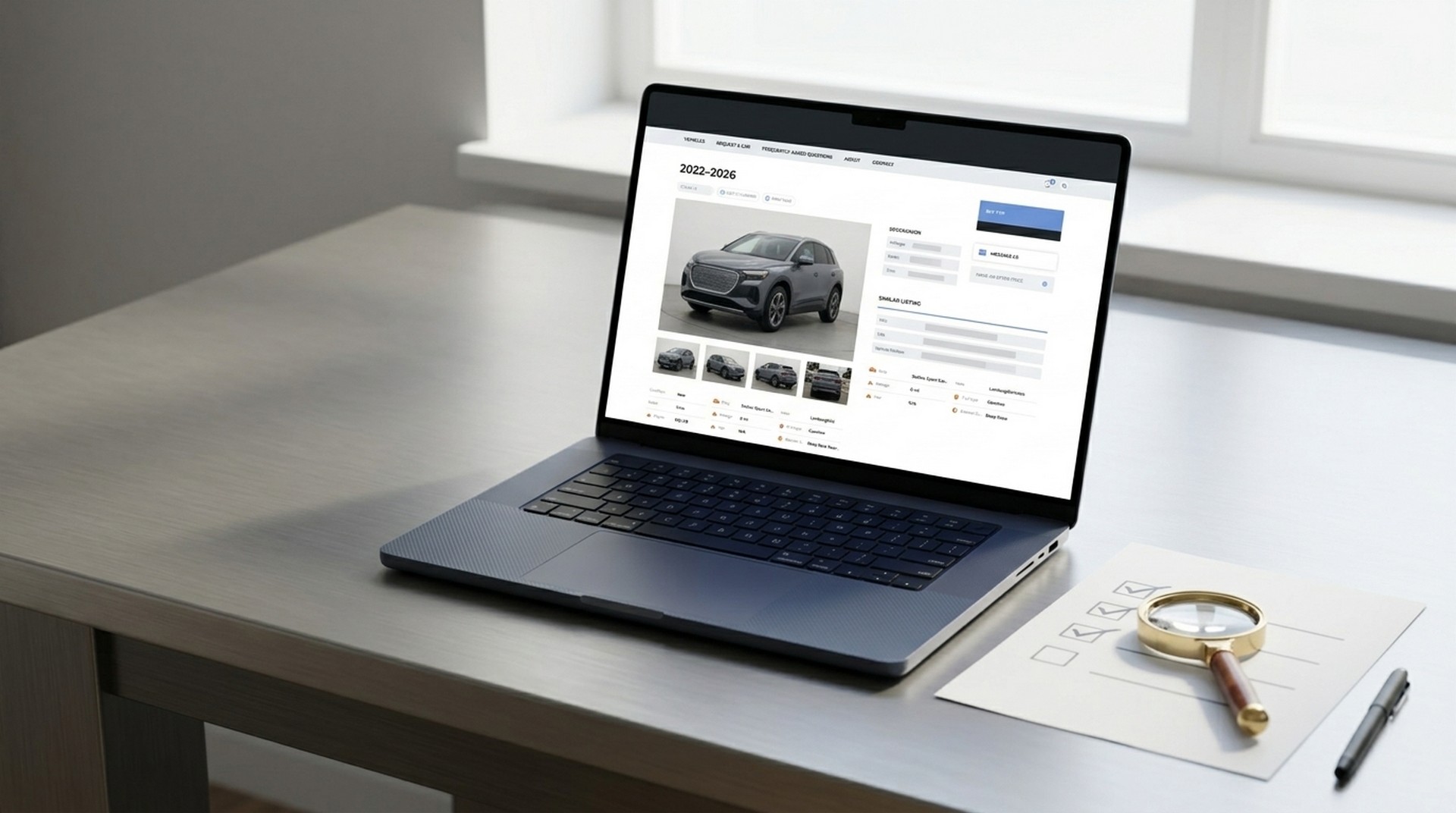 Laptop showing an anonymized U.S. vehicle listing beside a checklist for verifying vehicle details.
