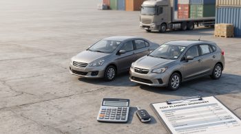 Two cars in a generic logistics setting with a calculator and cost worksheet for comparing total import expenses.
