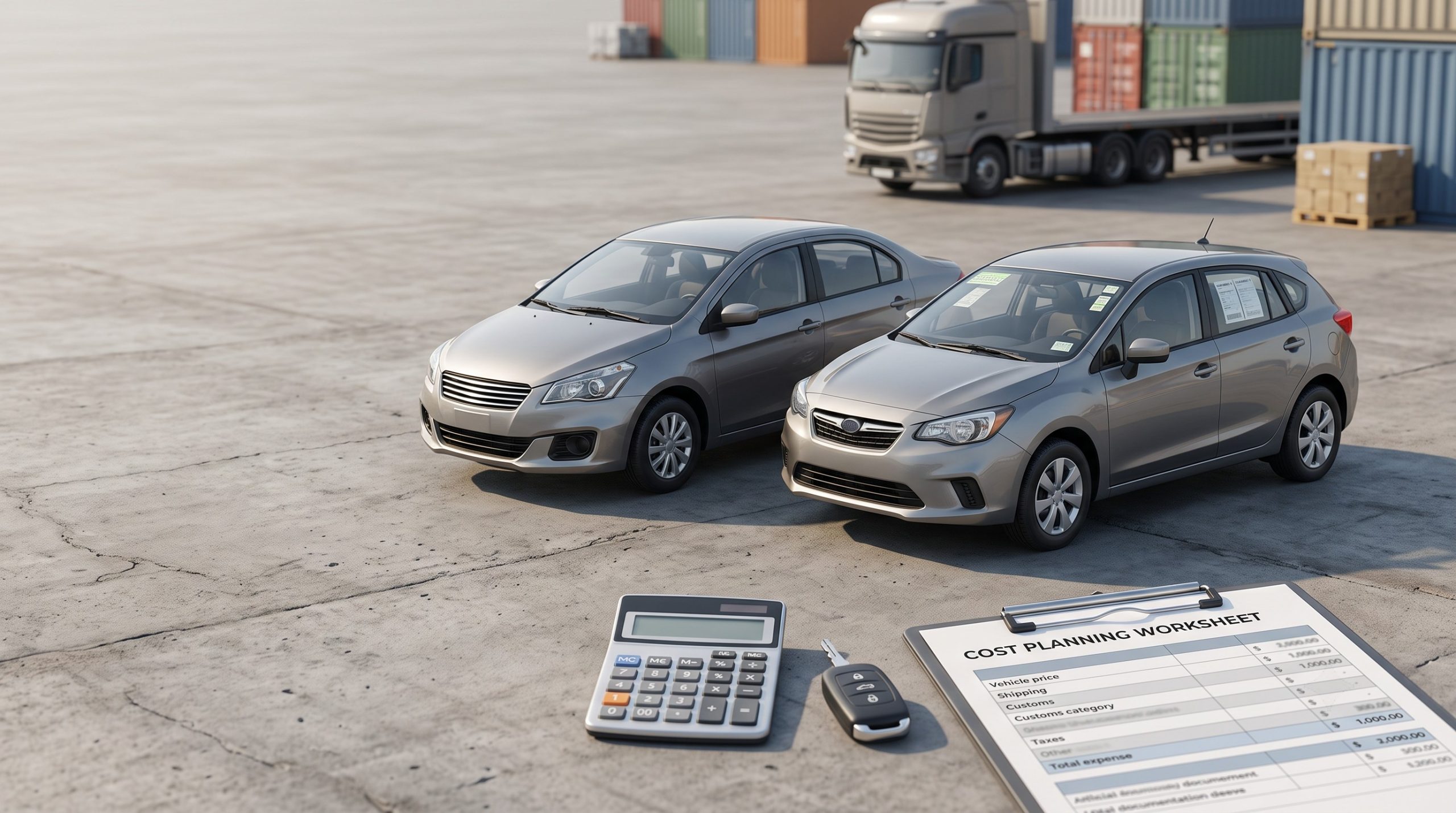 Two cars in a generic logistics setting with a calculator and cost worksheet for comparing total import expenses.