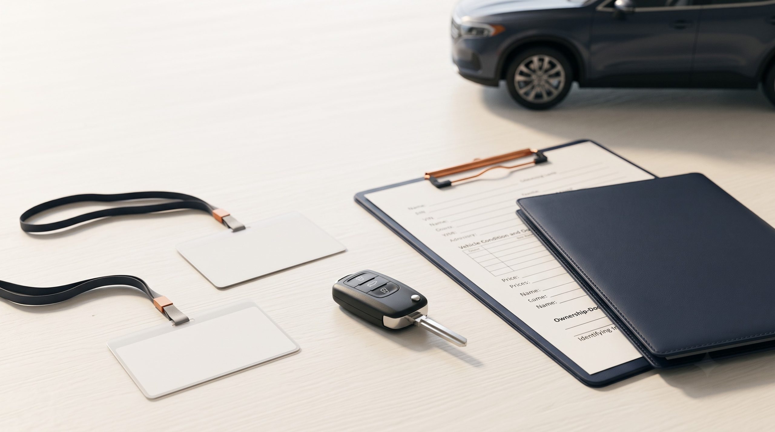 Car key, auction credential, dealer folder, and vehicle paperwork arranged for a U.S. car buying comparison