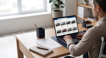 Buyer comparing U.S. vehicle options on a laptop beside a vehicle requirements checklist