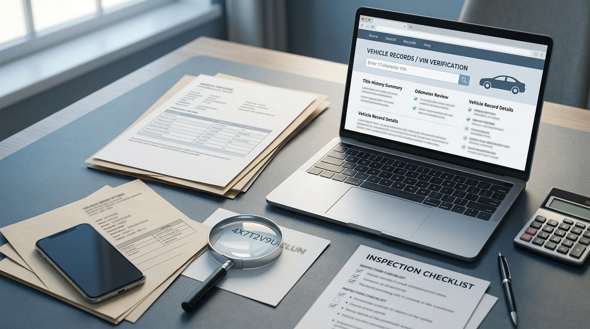 Vehicle history research materials, VIN verification notes, and a laptop arranged on a desk before a U.S. car purchase