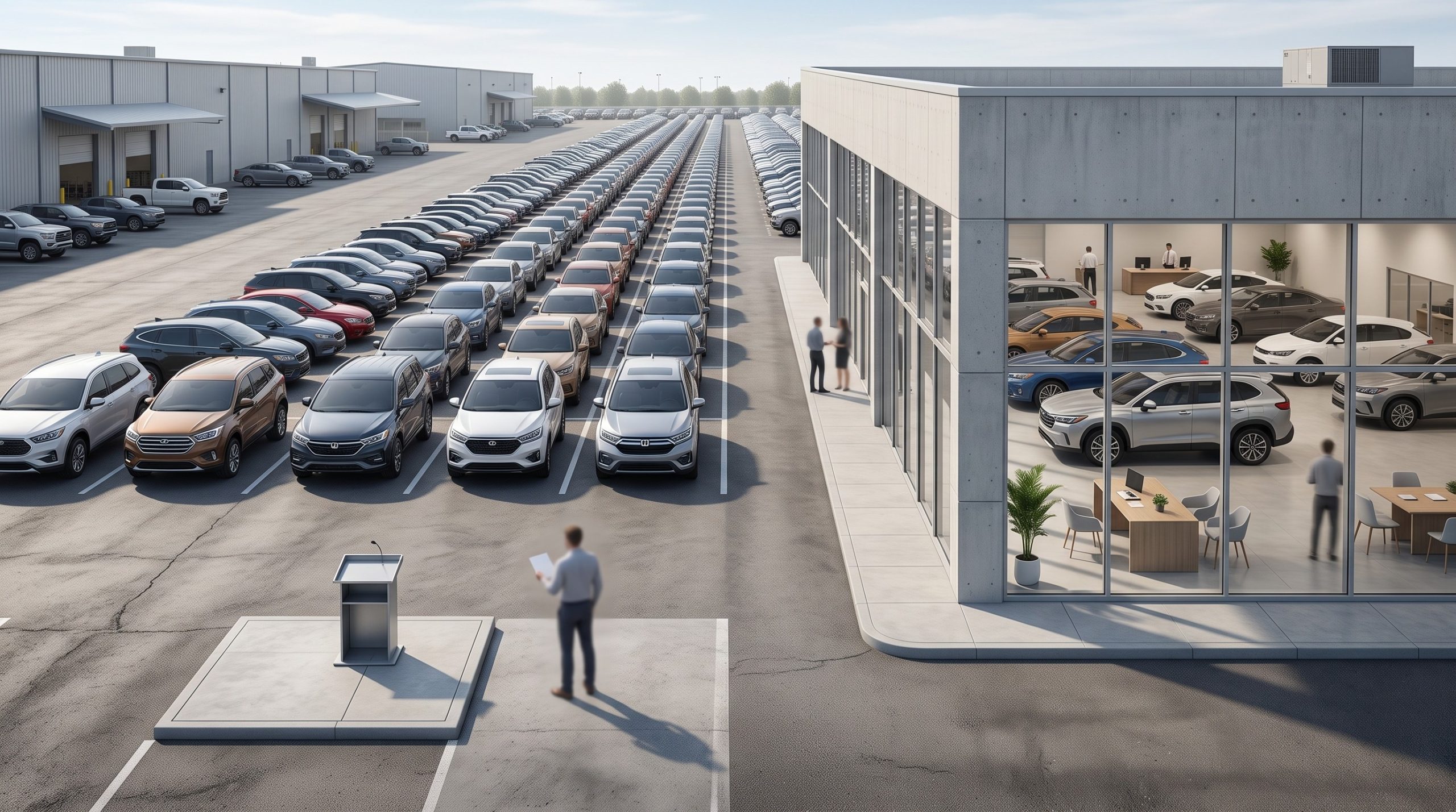 Generic vehicle auction and dealer environments shown side by side with recent-model cars