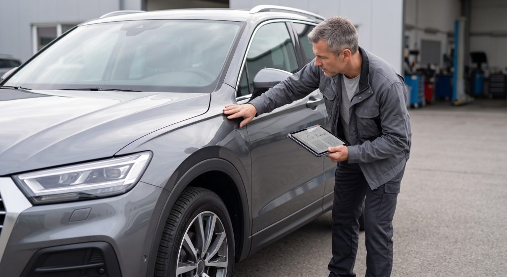 Automotive professional checking the exterior condition of a recent-model used vehicle with a tablet