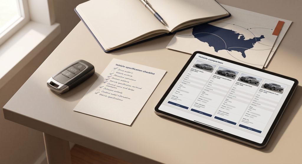 Car key, tablet with vehicle options, checklist, and map reference arranged for sourcing research