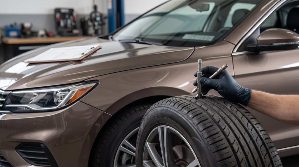 Inspector checking a used car's wheel, tire, and body panels with a flashlight