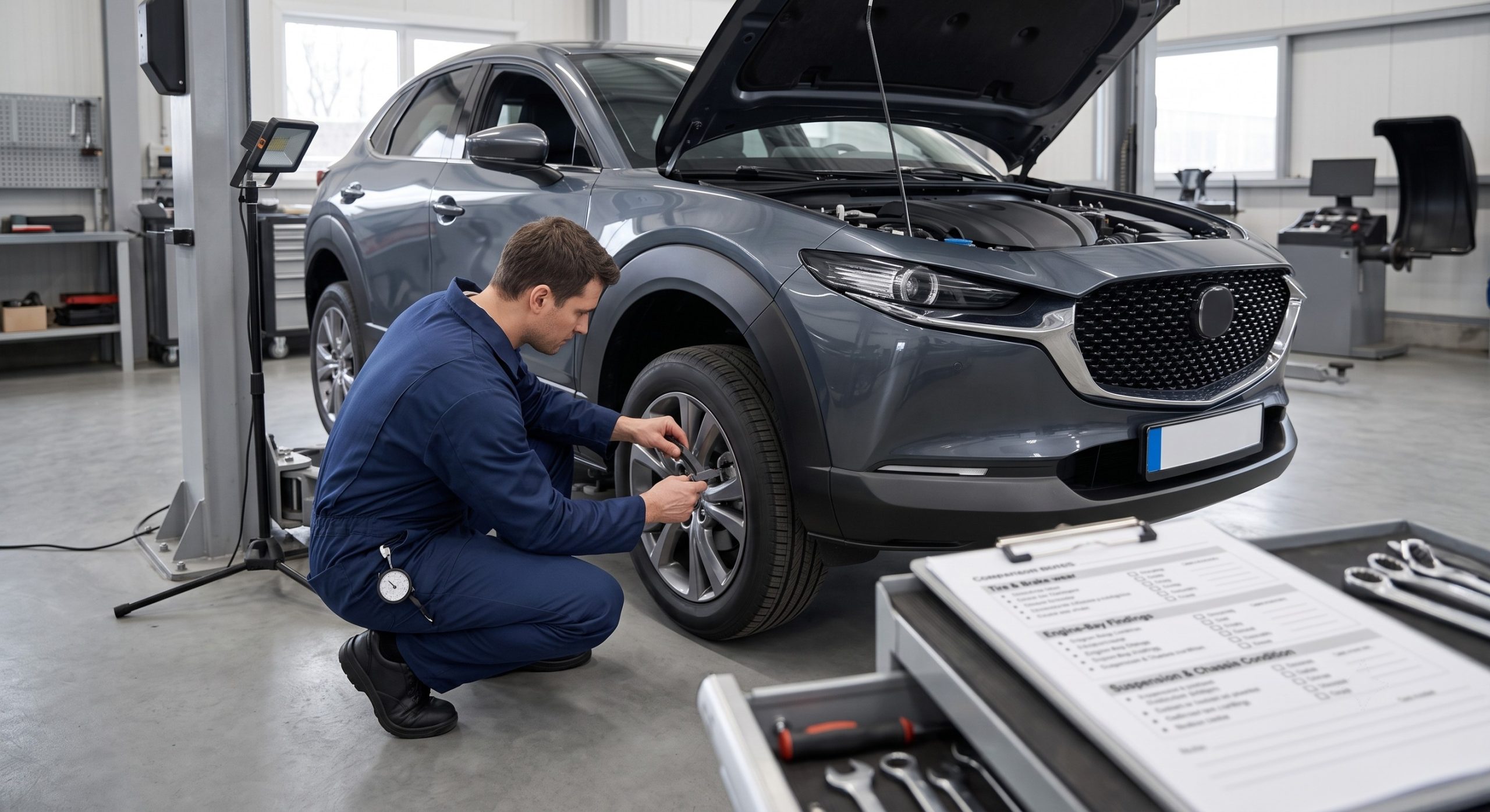 Mechanic inspecting a recent used vehicle while a condition checklist rests nearby