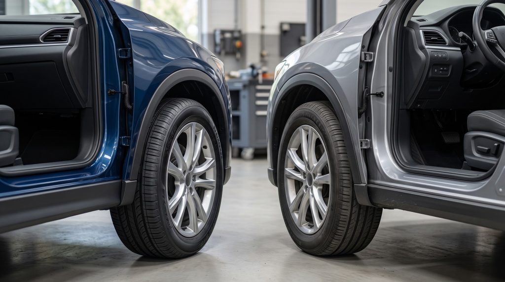 Close-up comparison of pristine new-car components and lightly used, well-maintained vehicle details