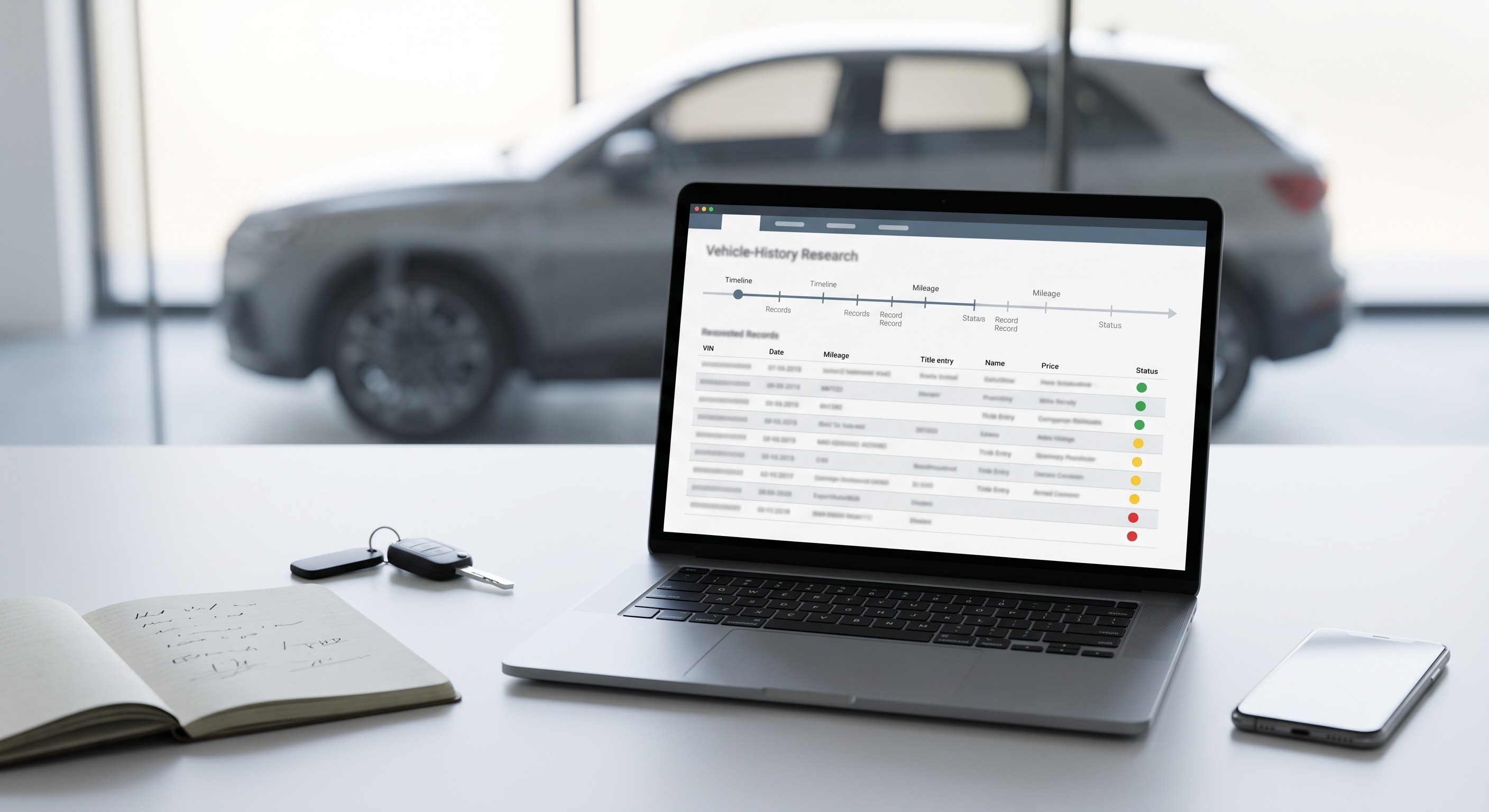 Laptop displaying vehicle history research beside a car key and notebook on a desk