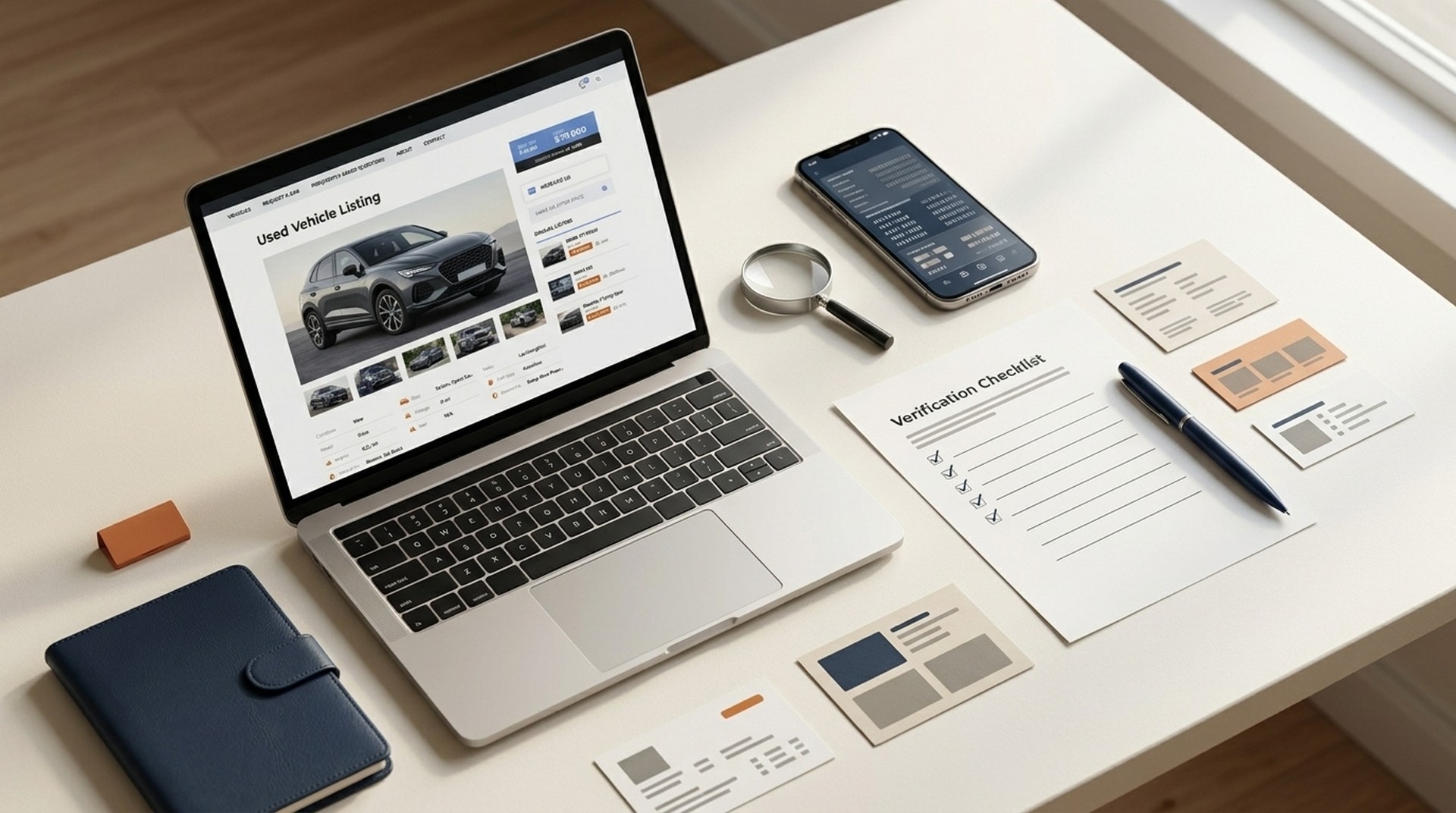 Laptop, phone, checklist, and reference materials arranged for used car listing verification