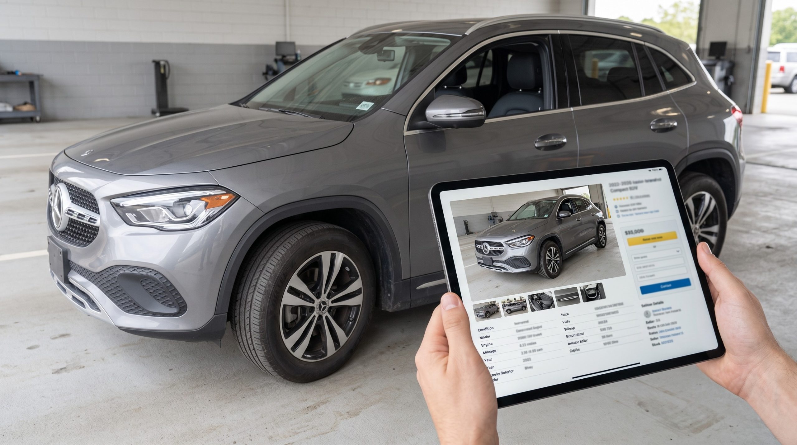 Buyer holding a vehicle listing beside the same used SUV during a condition review