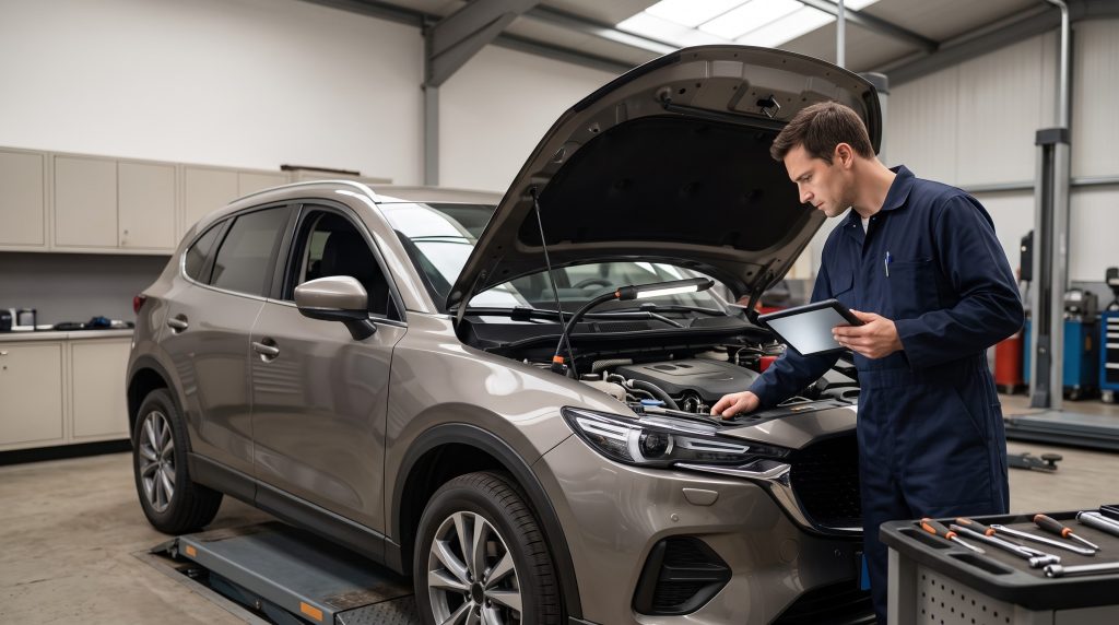 Independent mechanic inspecting a used car in a workshop with an open hood and diagnostic tablet