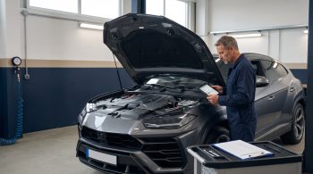 Technician inspecting a modern used sedan in an independent workshop before an international purchase