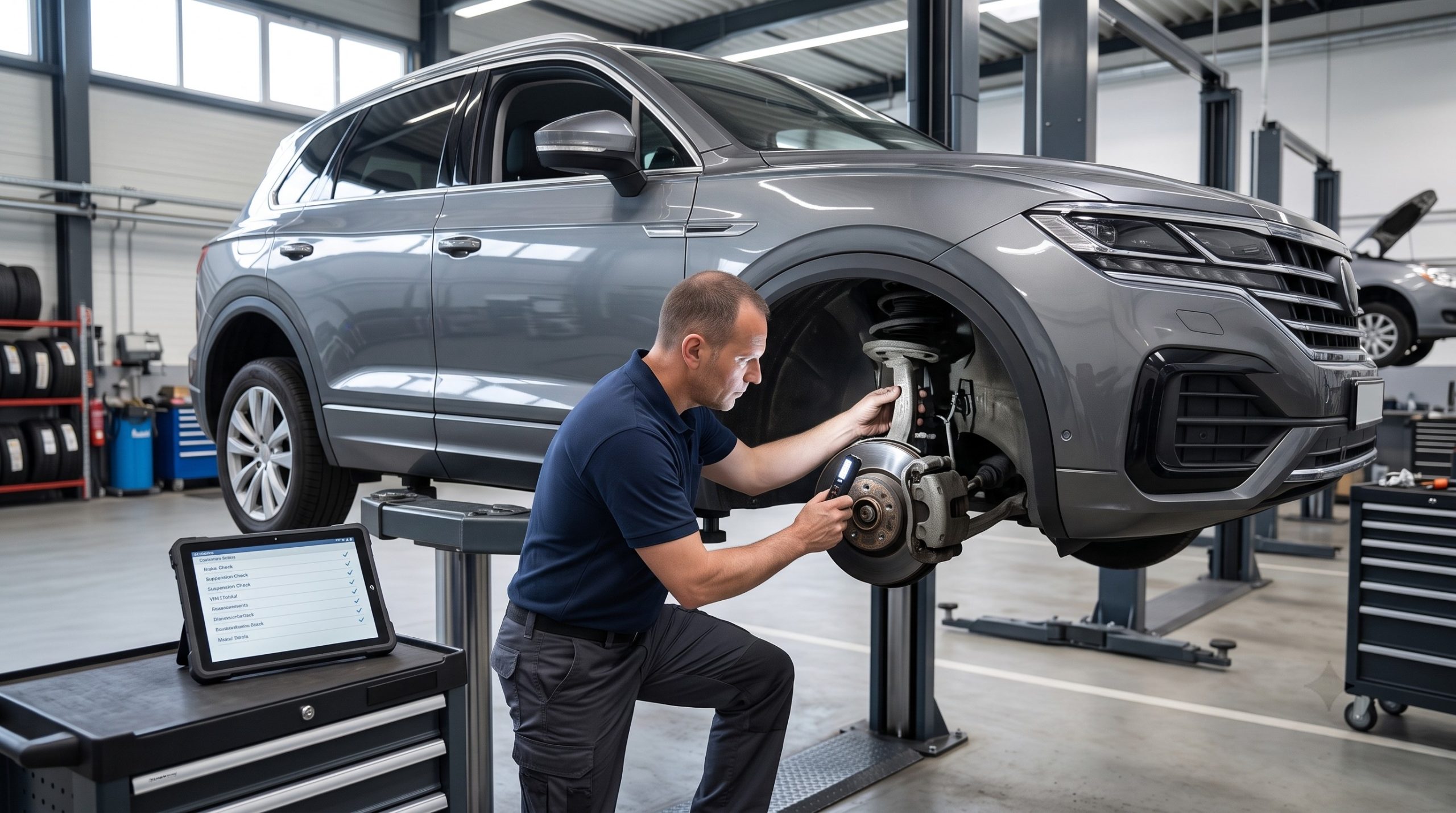 Mechanic inspecting a used vehicle's wheel and underbody during an independent pre-purchase inspection