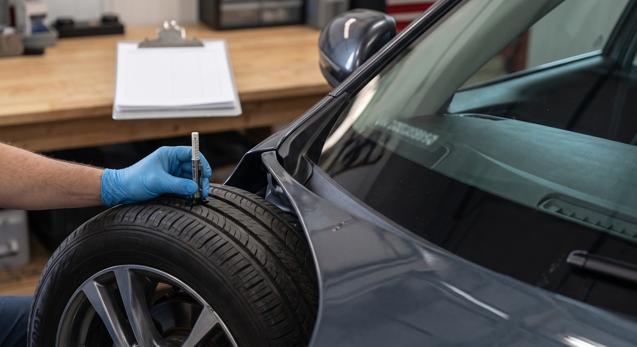 Mechanic checking used-car tire condition beside a deliberately unreadable windshield VIN area