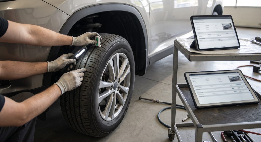 Technician examining a used vehicle tire and body condition beside a tablet