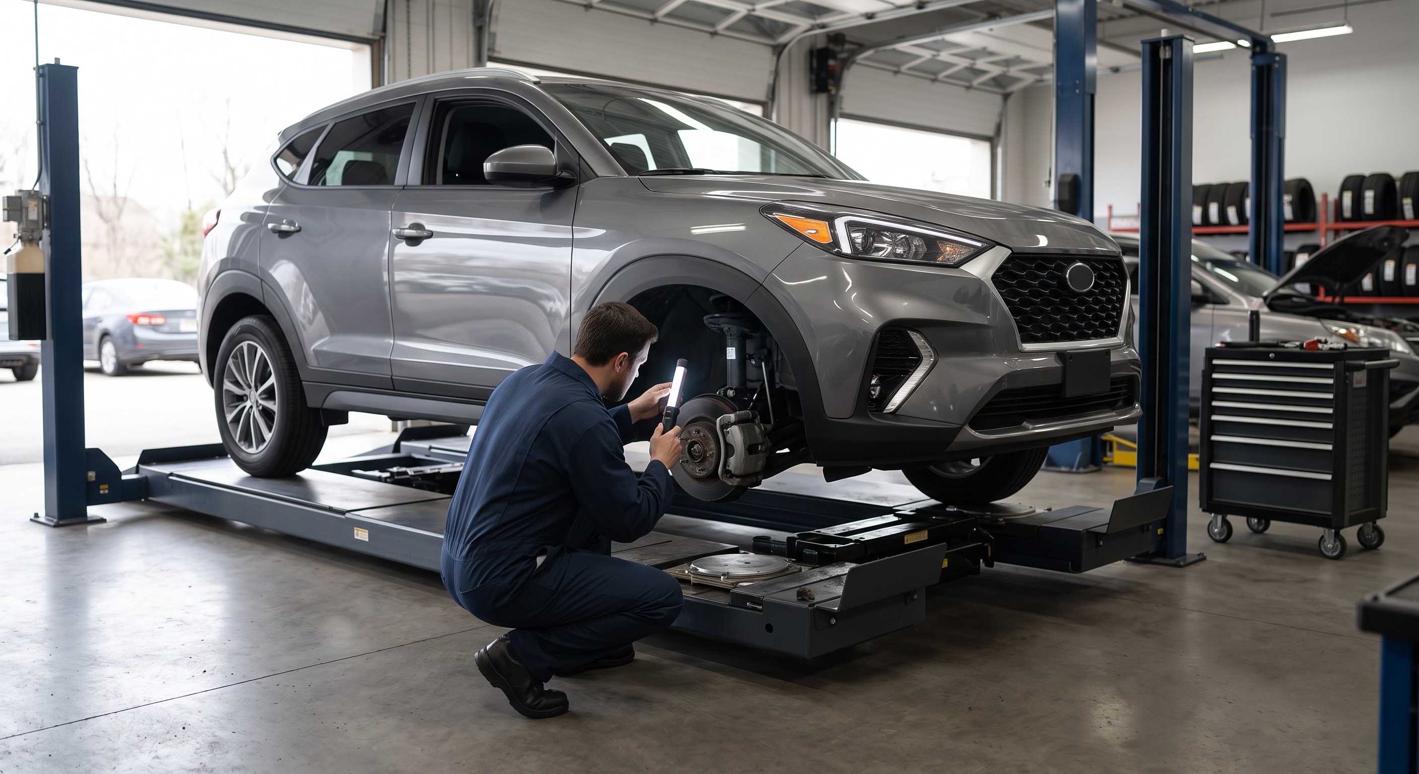 Technician inspecting a used car while another person reviews vehicle history on a tablet