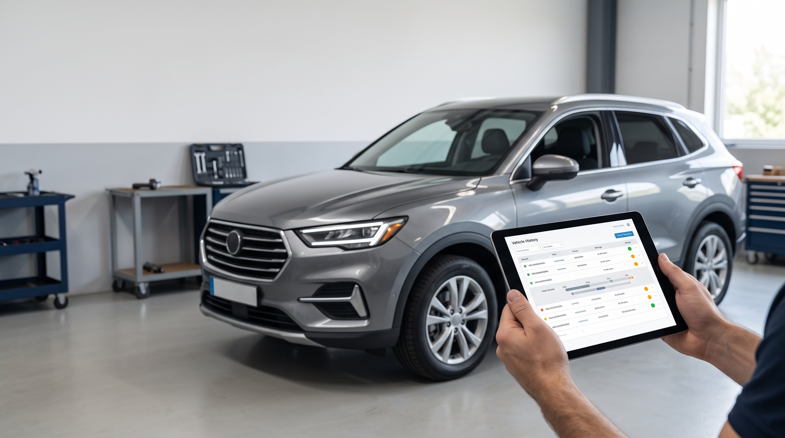Buyer reviewing vehicle history information on a tablet beside a modern used car
