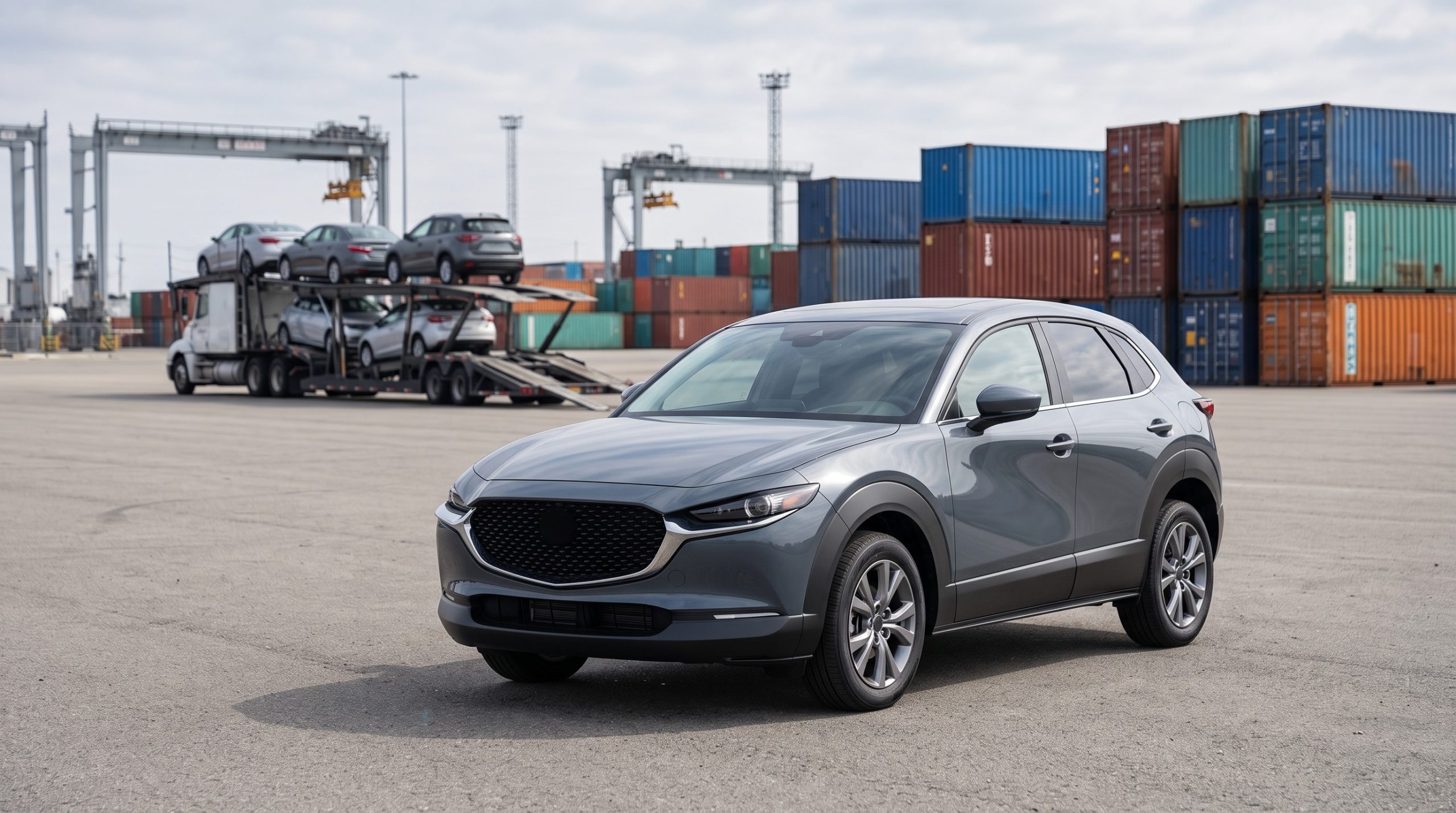 Generic car with a vehicle transporter and distant shipping containers illustrating stages of international transport.