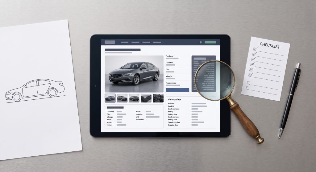 Tablet with an anonymized vehicle listing surrounded by simple verification tools and checklist