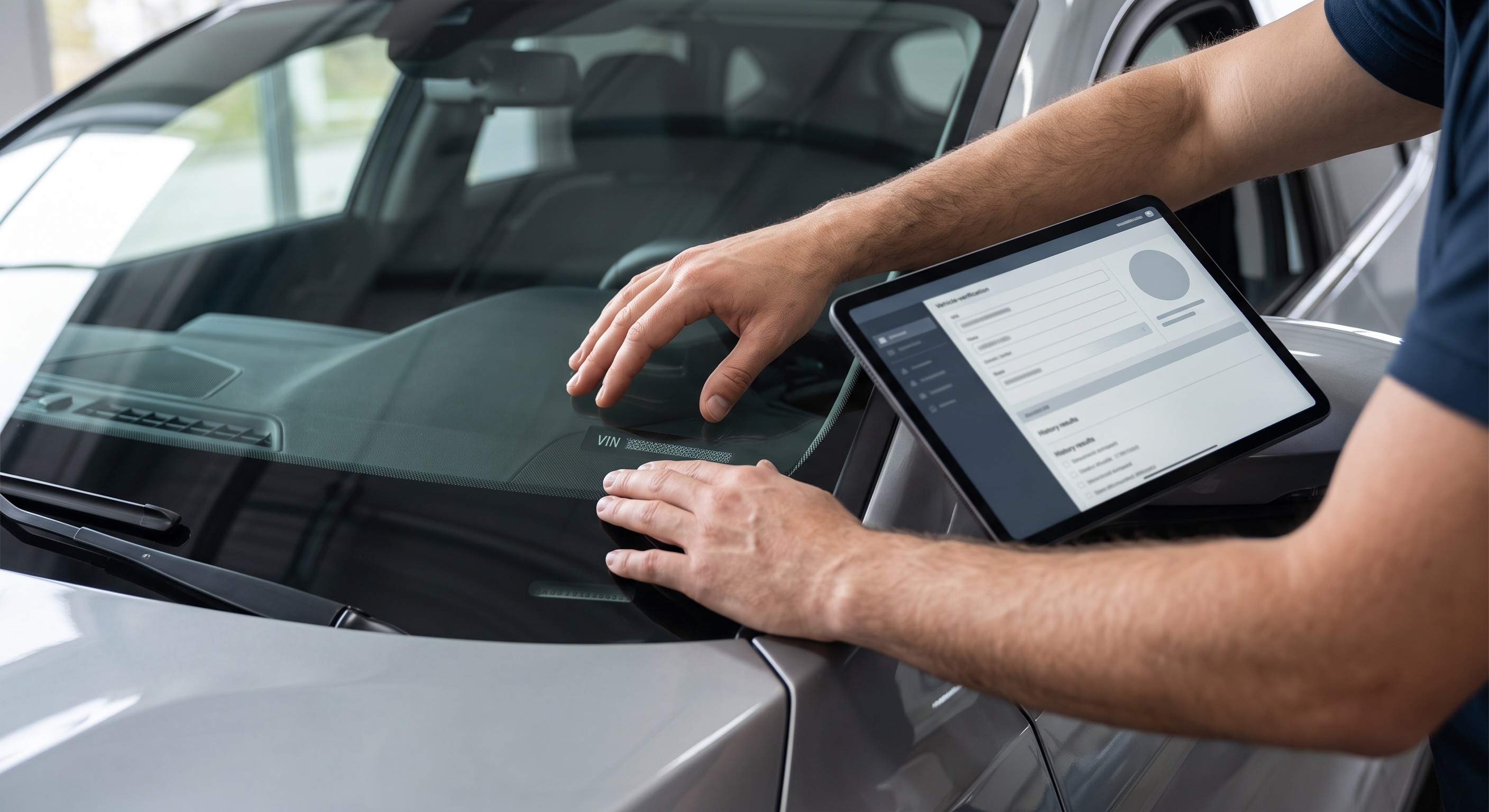 Inspector comparing a vehicle windshield VIN area with a tablet during a pre-purchase check