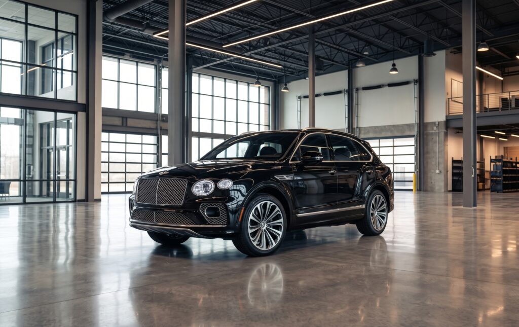 Black Bentley Bentayga ultra-luxury SUV parked in a modern warehouse facility featured for global export / import Bentley Bentayga from USA services.