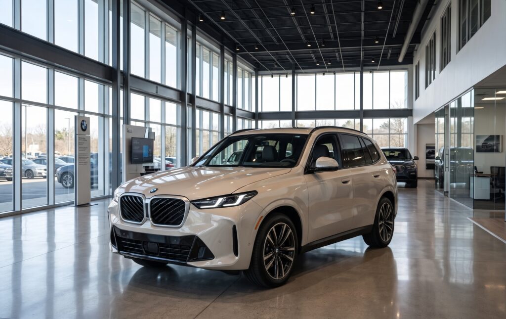 Dune Grey 2027 BMW X3 luxury SAV parked in a modern dealership showroom featured for global export / import BMW X3 from USA services.